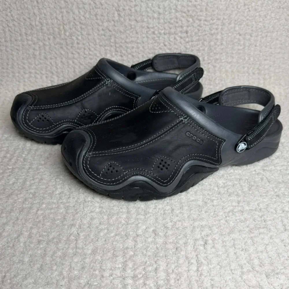 Crocs Men's Swiftwater Leather Clogs Black Gray Adjustable Strap Shoes Size 12